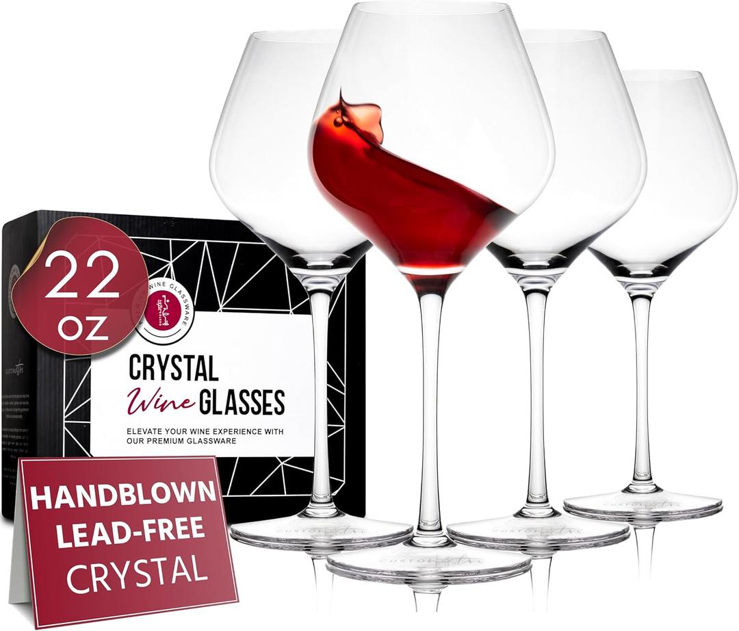 Gusto Nostro Crystal Wine Glasses Set of 4, 22 Oz Long Stem Modern Wine Glasses for White and Red Wine, Dishwasher Safe, Fancy, Elegant, Large and Tall Wine Glass for Wedding Christmas Anniversary