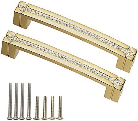 LANC Gold Crystal Cabinet Pulls Kitchen & Bathroom Cabinet Hardware Cabinet Handles Bling Shiny Cabinet Knob Modern Dresser Drawer/Furnitures Pull 5" Hole Centers Spacing 2 Pack，B203G128-P2