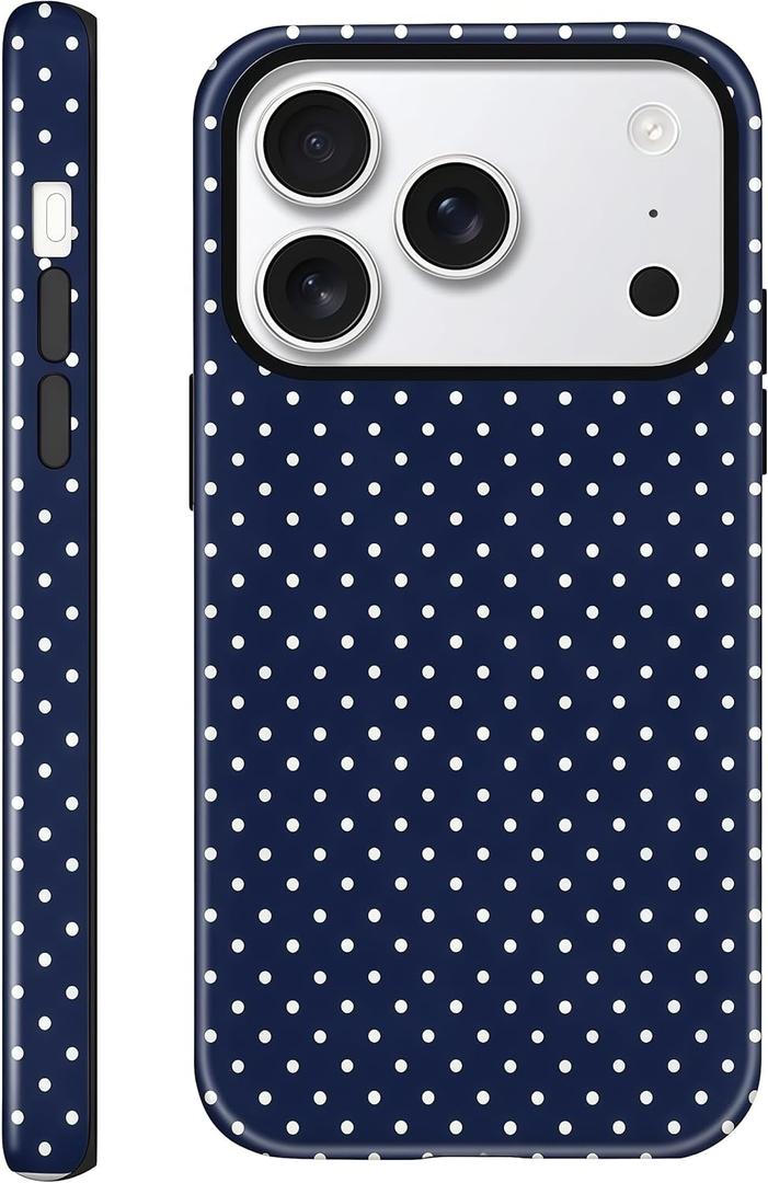 Case for iPhone 17 Pro, Glossy Hybrid 2-Layer Hard Shell, Aesthetic Scratch Resistant Cover, Navy Blue Polka Dot