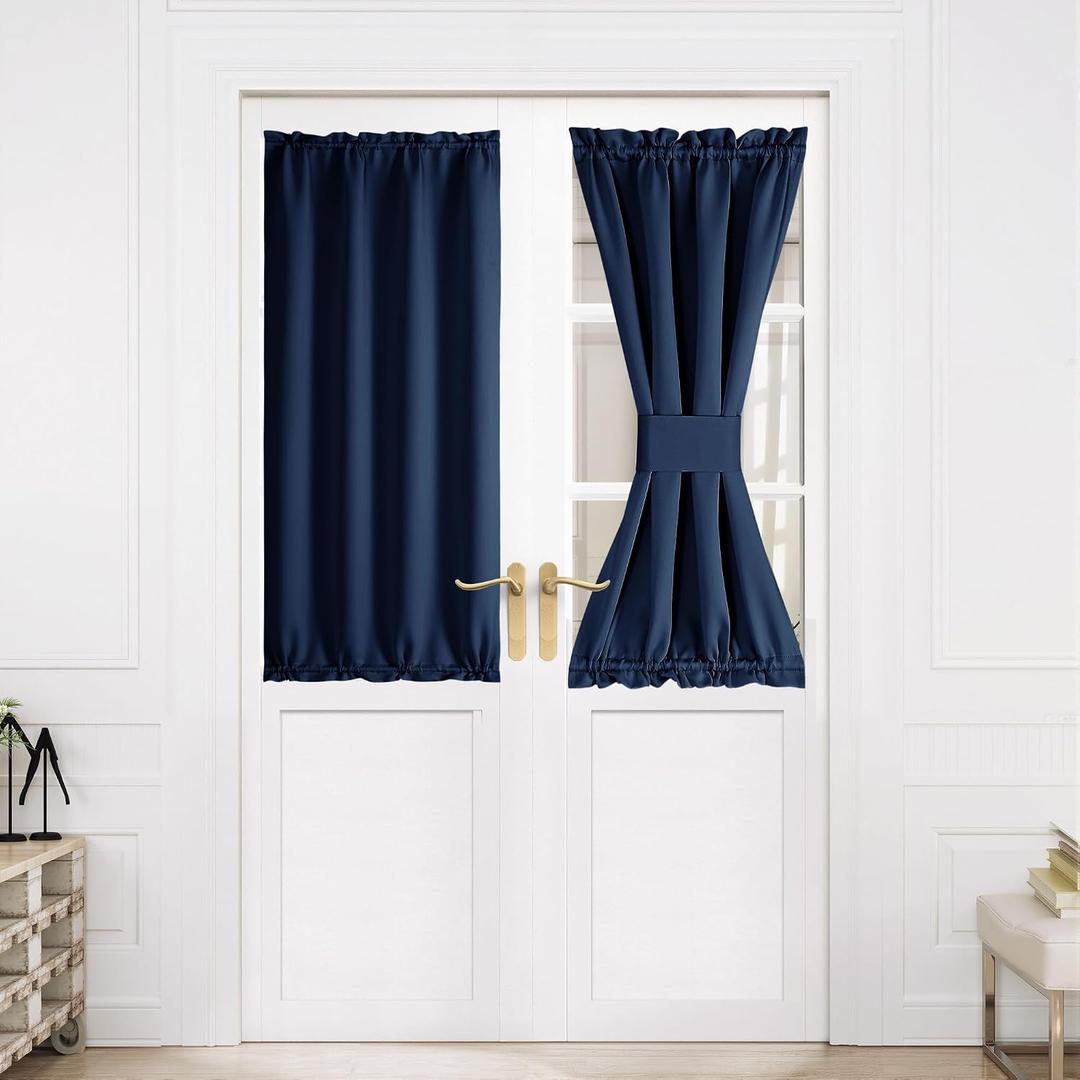 NICETOWN Navy Privacy Blackout Door Curtains with Tieback for Window | Rod Pocket Privacy Thermal Insulated Sidelight French Door Curtains, Window Covering for Kitchen, 1 Panel, 30 x 50 inch Long