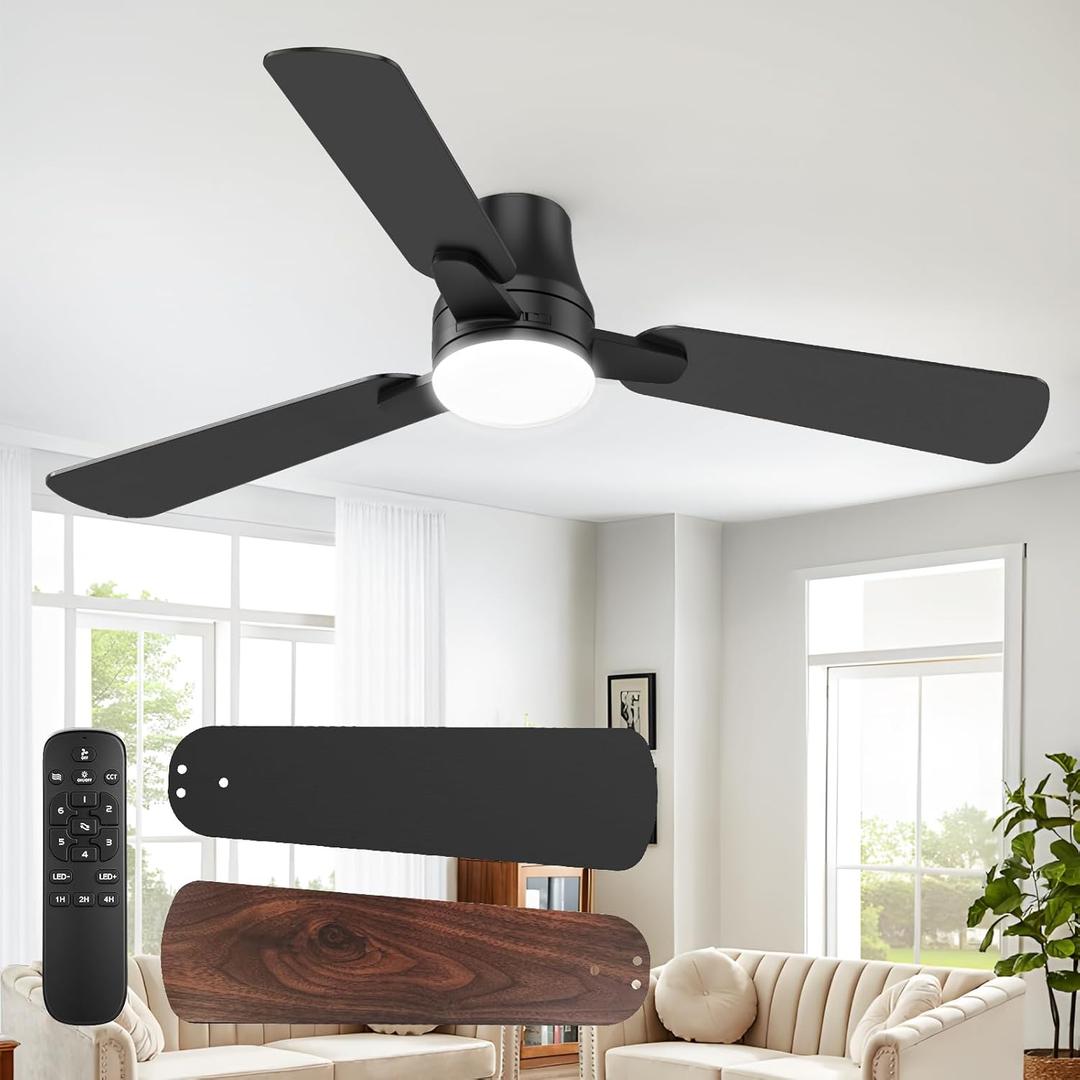 Ceiling Fans with Lights and Remote  52 Inch Low Profile Flush Mount Ceiling Fan, Modern Black Design, Quiet Reversible DC Motor, 3CCT Dimmable LED Light for Bedroom Living Room Kitchen Indoor