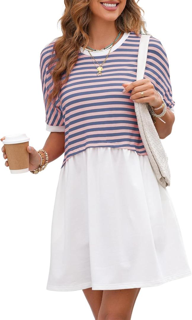 Acelitt Women Casual Summer Short Sleeve Crewneck Striped Dresses Loose Tshirt Dress,S-2XL (XXL)
