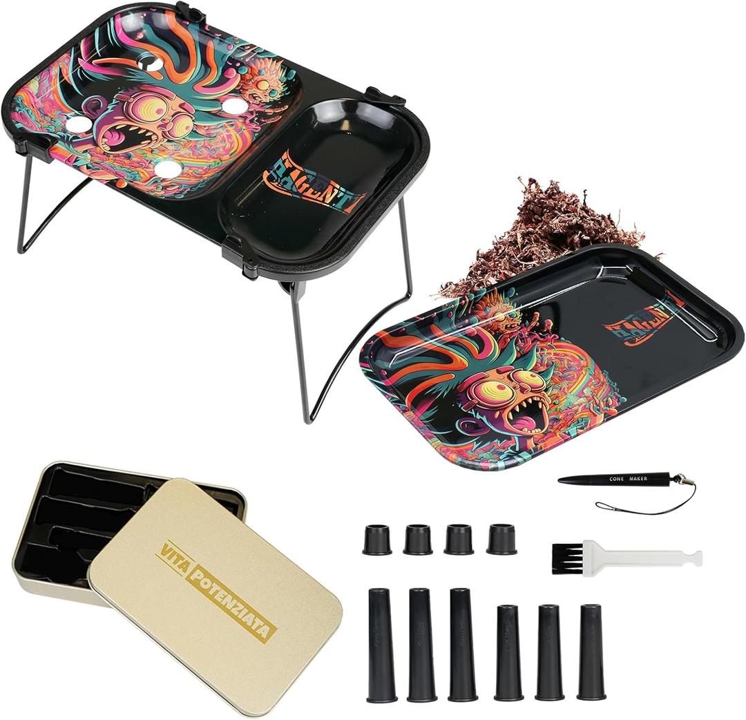 14-in-1 Upgraded Metal Rolling Tray Set - Dual 9.2x6.3 Expanded Trays with 4 Slots Cone Loader, Portable Pre Roll Machine Kit with Lid, Foldable Stand, Cone Roller, Cone Fillers & Funnel (Einstein)