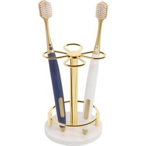 HarJue Toothbrush Holder Stand for Bathroom, Metal Toothbrush Organizer with Marble Base, Toothbrush Storage Collection for Family, Suitable for Home Hotel Countertop Vanity (Small, Gold)