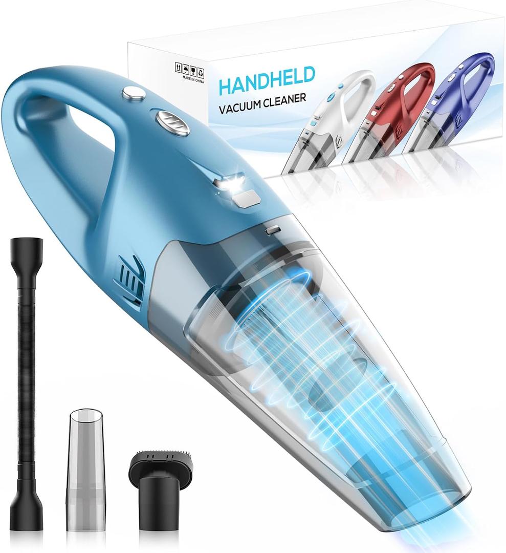 Handheld Vacuum Cordless Rechargeable 6000Pa Mini Hand Held Vacuum, LED Light, 2025 Mins Runtime, USB Charging, 500ML Cup Lightweight Small Vacuum Cleaner Cordless for Car/Office/Home, Blue