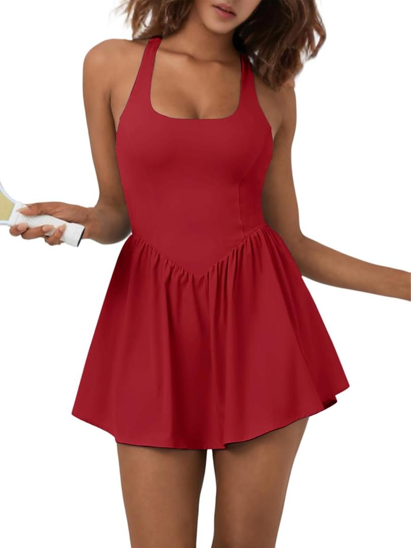 Sexyasasii Women's Summer Athletic Tennis Dress with Built in Shorts and Bra Square Neck Workout Exercise Active Golf Dresses (Medium, Red)