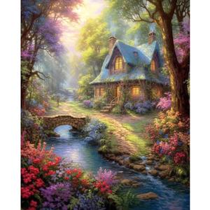 Tucocoo Flowers House Paint by Numbers Kits with Brushes and Acrylic Pigment on Canvas Painting for Adults Stream Forest Landscapes Picture Arts Crafts for Home Wall Decor Gift 16''x20'' (DIY Framed) (Artwork-05)