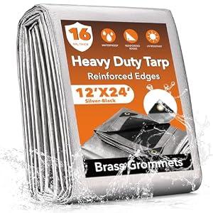 12x24FT Waterproof Tarp, Yumatum 16 Mil Heavy Duty Tarps with Reinforced Edges/ Brass Grommets, 100% UV Blocking/ Tear Resistant Poly Tarp for Camping, Patio, Tent, Boat(Silver/ Black)