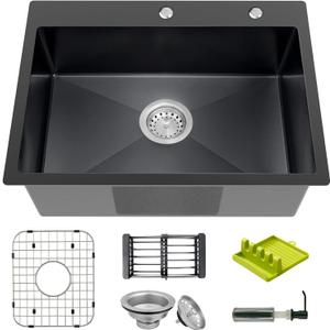 Black 25x18 Inch Kitchen And Bar Sink-Stainless Steel Drop In Single Bowl Topmount Kitchen&Bar Sink With SS Grid,Soap Dispenser,Colander,Spoon Rest,Drain Strainer Set for Modern Kitchen Sink, 25x18x9 inches