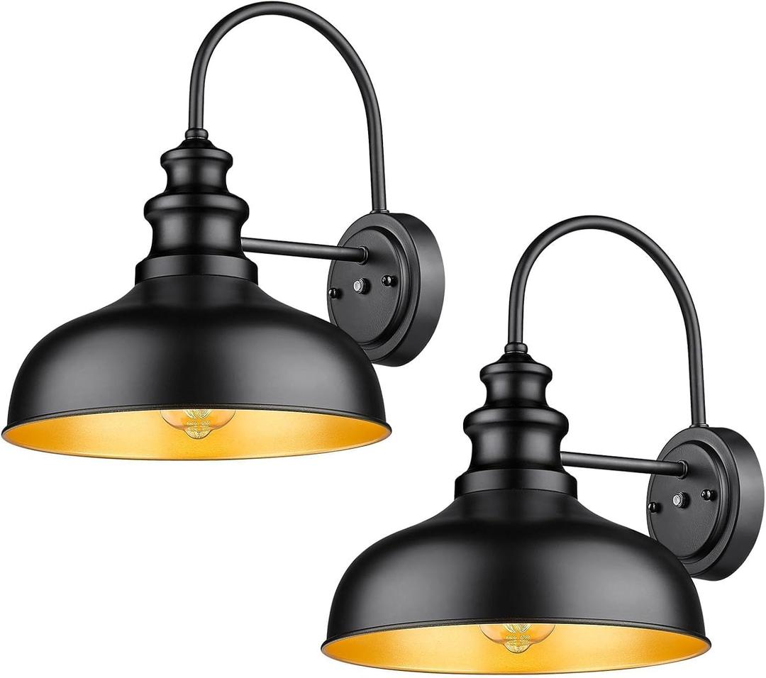 Bestshared Dusk to Dawn Outdoor Barn Light Anti-Rust Outdoor Wall Sconce Farmhouse Exterior Lighting Fixture Wall Lantern Lamp for Porch,Garage(Black+Gold, 2 Pack)
