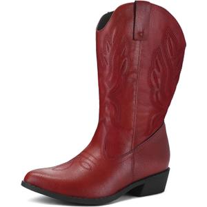 Mysoft Women's Wide Calf Cowboy Boots Pull-On Mid-Calf Embroidered Pointed Toe Retro Western Boots (9.5 Wide)