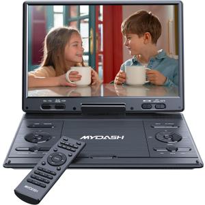 MYDASH12.5''Portable DVD Player with Swivel ScreenRechargeable Car DVD Player, Portable &Travel, RegionFree Personal DVD Player Portable, USB/SD Support (Carbon Black)