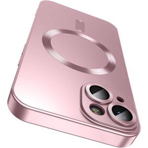 Magnetic for iPhone 14 Case [Compatible with MagSafe][Built-in Camera Lens Protector] Slim Soft Silicone Bumper Shockproof Metallic Luster Phone Case (Rose Gold)