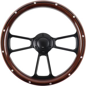Universal Wooden Racing Steering Wheel 14 Inch 6 Bolt Black Aluminum 3 Spoke Rivet Steering Wheel with Horn Button for Racing/Rally/Motor Sports