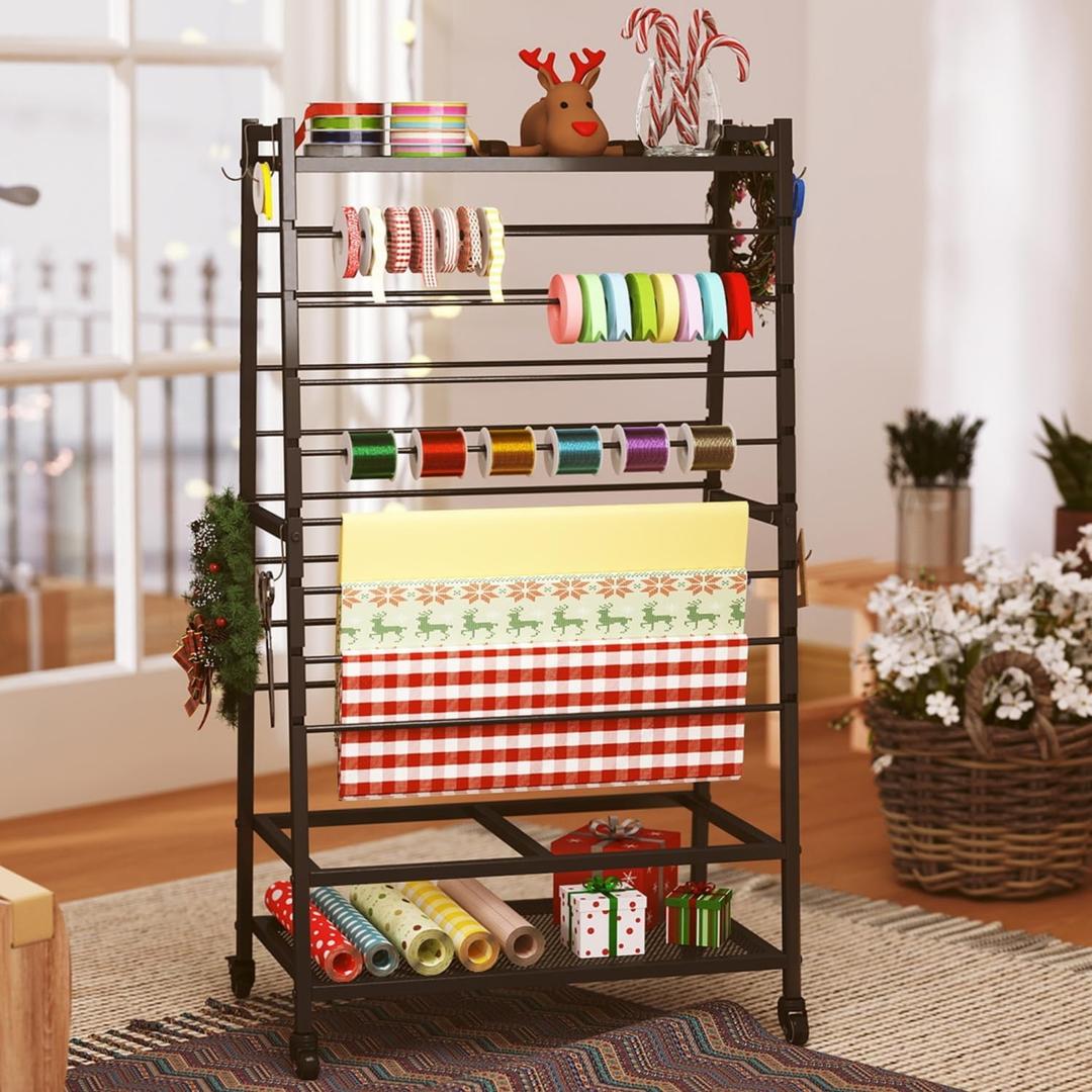 Ribbon Holder-Ribbon Organizer, Double-Sided Ribbon Holder Organizer Rack,Large Capacity Rolling Gift Wrap Rack Ribbon Organizer for Craft Room