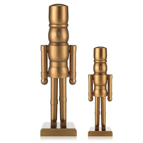 Wonderjune 2 Pack Christmas Wooden Nutcracker Traditional Christmas Decorations Nutcracker Figure Statue for Xmas Festive Holiday Tabletop Home Decor(Bronzer,12 Inch,8 Inch)