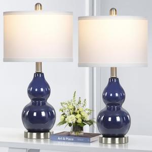 Double Gourd Ceramic Table Lamps Set of 2, Modern Navy Blue Bedside Lamps for Night Stand, Contemporary Nightstand Lamps for Bedroom Living Room 