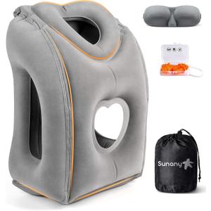 Sunany Travel Pillow, Upgraded Plane Pillow for Long Flights, Inflatable Neck Pillow Used for Airplanes,Cars,Buses,Trains,Office Napping with Eye Mask,Earplugs (Gray) (Medium, Grey (Head Heart-shape&sloping Base))