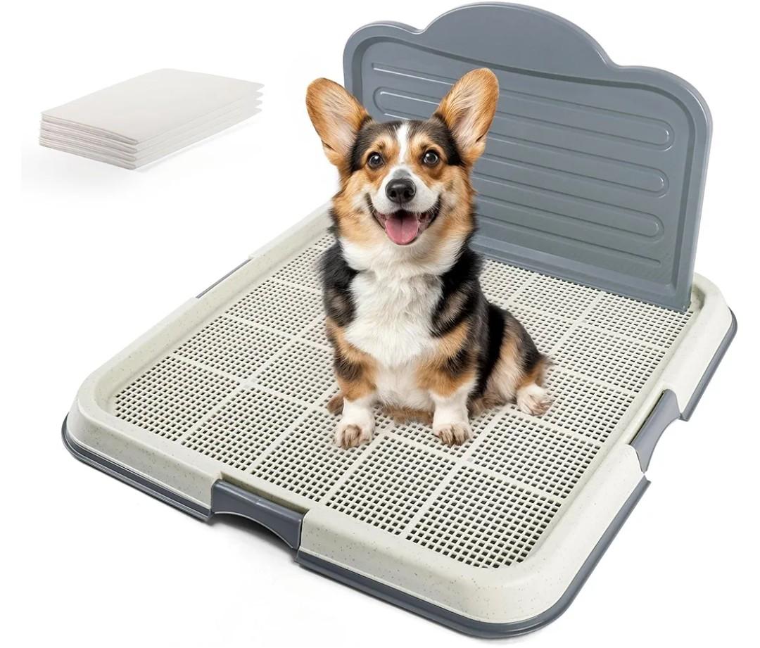 Dog Pee Pad Holder with High Wall, Large Puppy Potty Training Tray with Mesh Grid & Splash Guard, 23.6” x 23.6” Indoor Dog Litter Box, Includes 4 Disposable Pee Pads