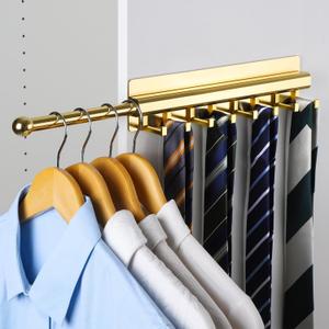 BaiNong Valet Rod for Closet Pull Out 12IN with 8 Hooks,Adhesive Gold Closet Valet Rod Slide Out
