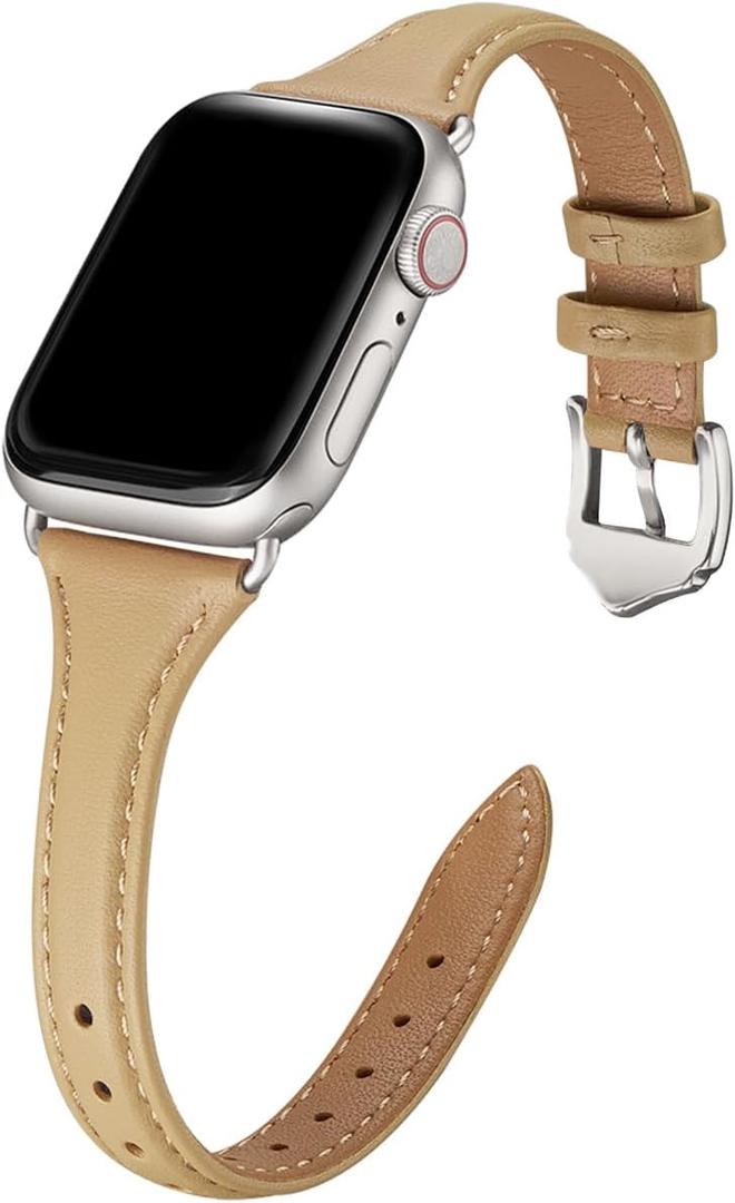 WFEAGL Leather Bands Compatible with Apple Watch Band 42mm(Series 3 2 1) 44mm 45mm 46mm 49mm Women, Top Grain Leather Strap Slim Thin Replacement Wristband for iWatch Ultra SE 3 2 1 Series 11 10 9 8 7 6 5 4 3 2 1 (Camel/Starlight)