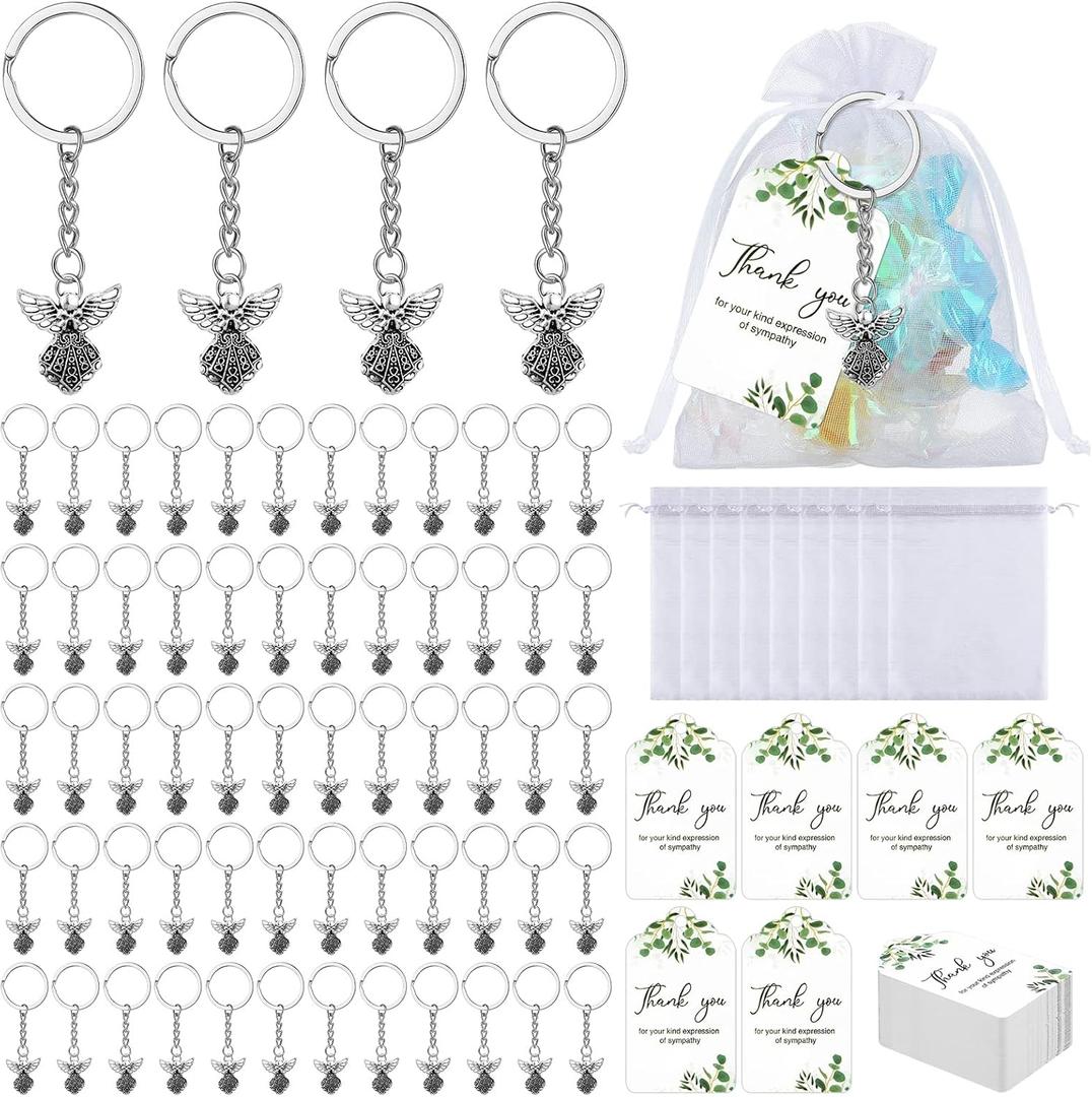 Hicarer 180 Pcs Funeral Favors Thank You Set 60 Pcs Angel Charm Keychain Angel Key Ring 60 White Organza Bags 60 Sympathy Thank You Cards Tags for Funeral Memorial Party Guests Gifts