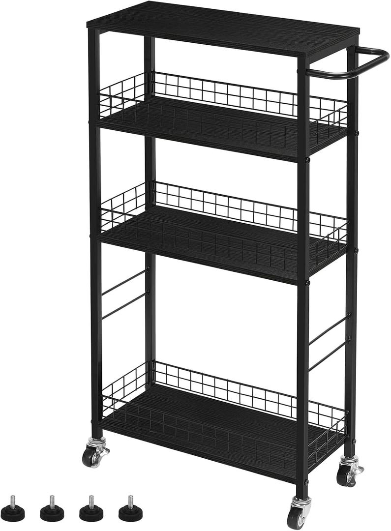 YBING Slim Storage Cart Kitchen Rolling Utility Cart on Wheels 4 Tier Mobile Narrow Cart with Wood and Metal Handle Slide Out Storage Shelving Unit Cart for Kitchen Living Room Small Places Black