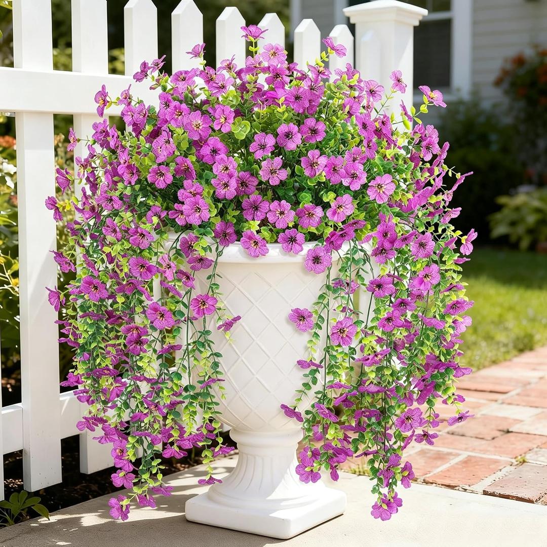 Hrobek 4 PCS Artificial Fake Hanging Flowers Plants for Outdoor Decoration | Faux Silk Daisy with Eucalyptus Leaves,UV Resistant Realistic for Outside Home Planter Porch Patio Balcony Yard Decor
