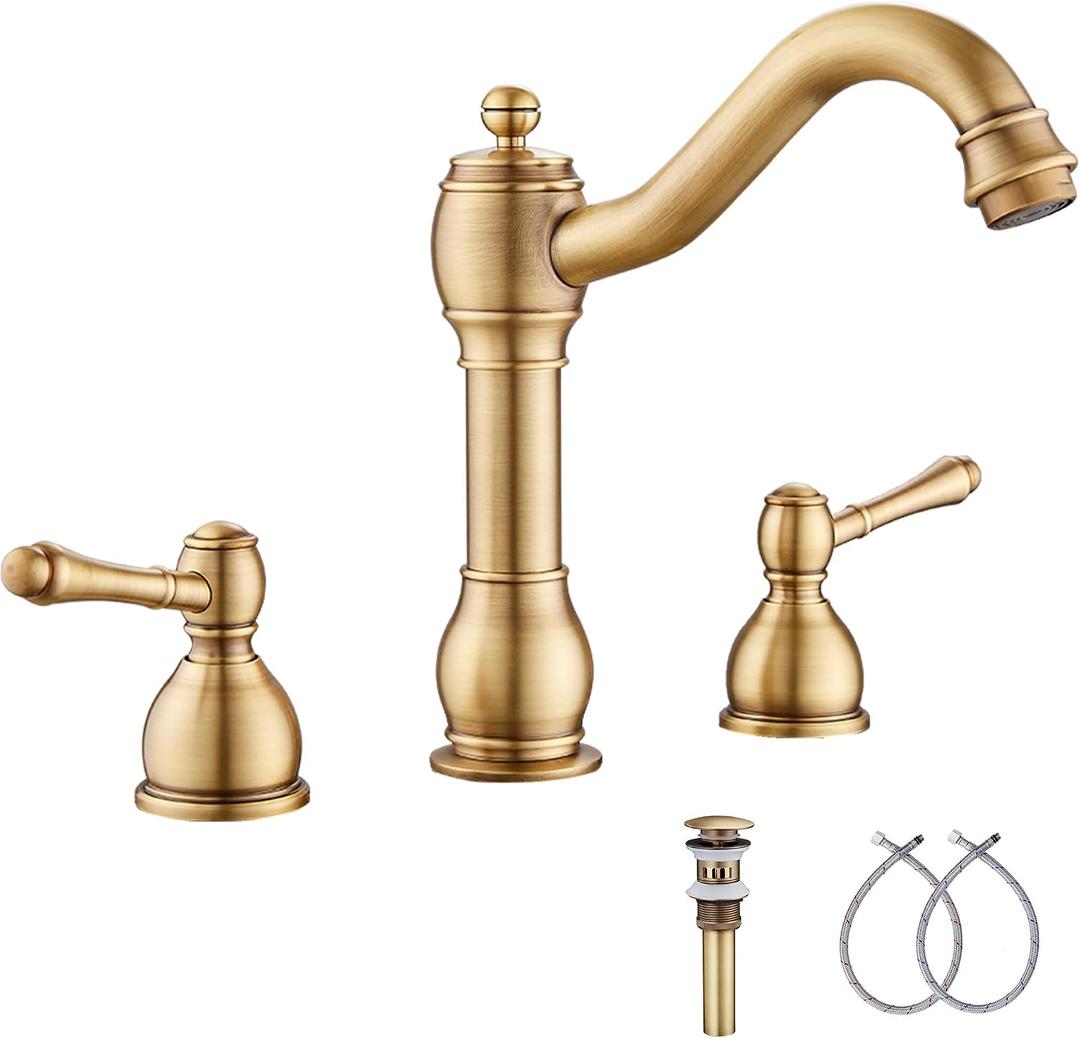 2 Handles 3 Holes Faucet Widespread Bathroom Sink Faucet Basin Tap Mixer Supply Hose Included Matching Pop Up Drain Antique Brass