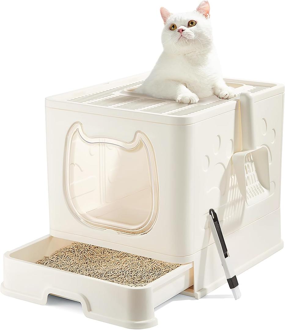 Cat Litter Box with Lid, Covered Top Entry Kitten Litter Pan for Small and Medium Cats, Anti-Splashing Kitty Potty with Slide-Out Litter Tray (White)