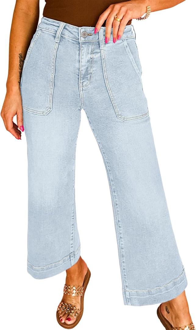 Astylish Women's 2026 Stretchy Wide Leg High Waisted Jeans Tummy Control Casual Cropped Ankle Denim Pants (4, Light Blue)
