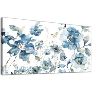 Flower Canvas Wall Art Blue Floral Canvas Painting Pictures for Gallery Wall Decor Butterfly Flies in Indigo Flowers Canvas Prints Artwork for Living Room Bedroom Home Wall Decorations 40" X 20"