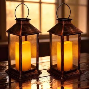 2 Pack 14 Inch Solar Lanterns Outdoor Waterproof with Flickering Flameless Candles, Outdoor Garden Hanging Lantern Decorative for Patio Front Porch Backyard Balcony Cabin Outside Table