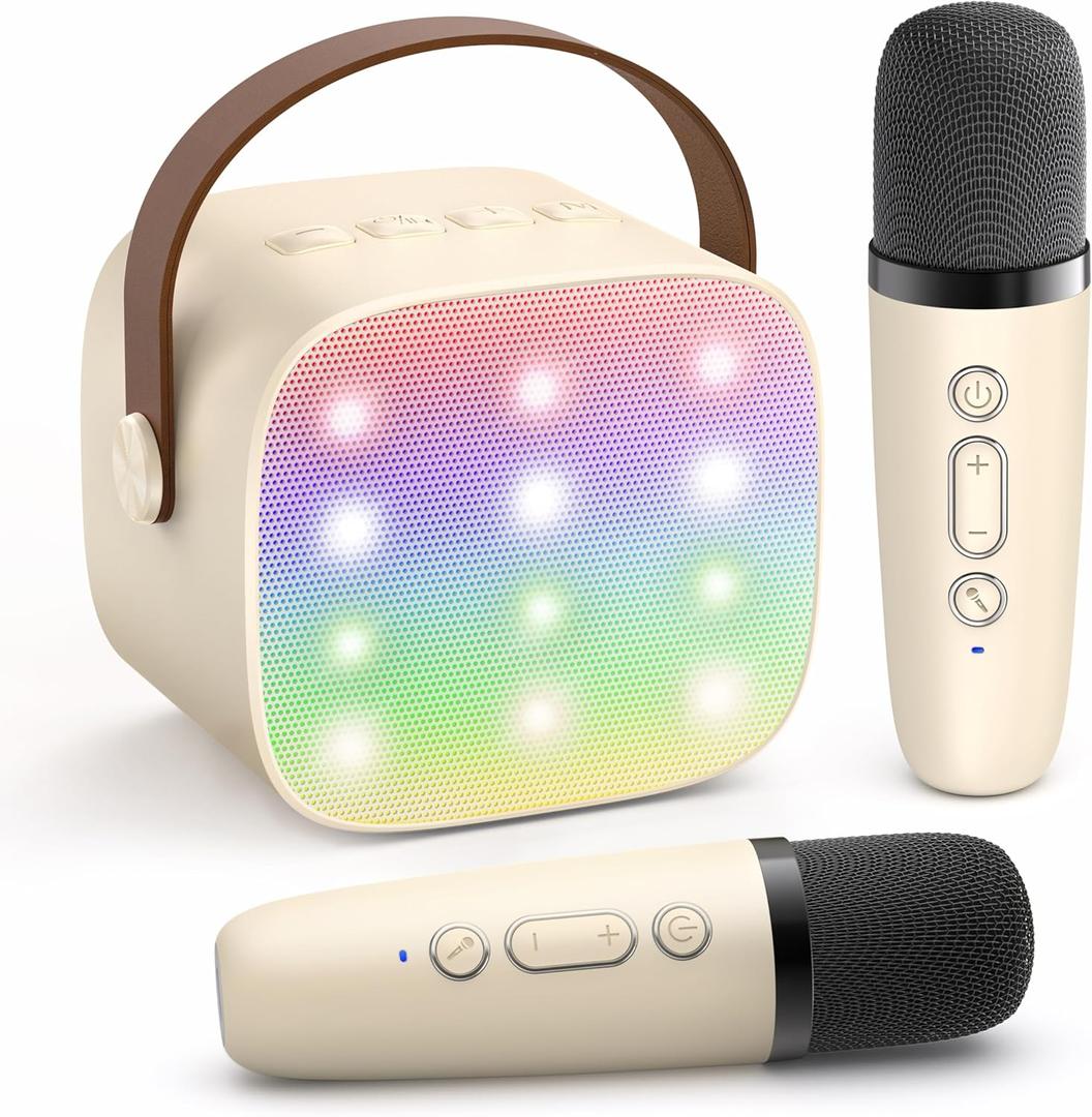 YLL Mini Karaoke Machine with 2 Wireless Microphones for Kids Adults, Portable Bluetooth Speaker Gift for Girls Toys 4, 5, 6, 7, 8, 10, 12+ Years Old Teens Birthday (Beige)