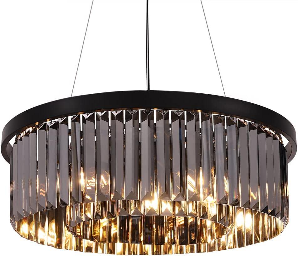 Wellmet Crystal Chandeliers for Dining Room Light Fixture, 6 Lights Farmhouse Chandelier, Modern Pendant Lights for Living Room, Kitchen Island, Bedroom, entryway, Hallway, Gold Teak, W-21.65 (Smoke Grey)