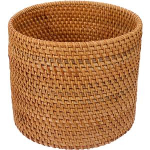 Mikikit Round Rattan Trash can Small Decorative Wicker Basket for Home Storage Desktop Organizer 6.6 Inch Fruit Vegetable Basket