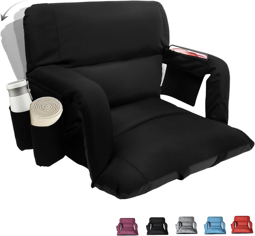 Stadium Seats with Back Support ,Wide Stadium Chairs with Back and Cushion, Sofa Style Stadium Seats, 6 Reclining Positions, Extra Thick Bleacher Seat for Sports Events (Black-1 Pack , Wide|22.5")