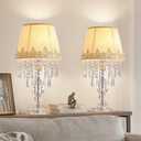 Crystal Table Lamp Set of 2, Bedside Lamps with Beige Chiffon Fabric Lampshade, Dimmable Plug-in Nightstand Reading Lamps with Raindrop Crystals for Bedroom, Living Room, W11.8'' X H21.7''