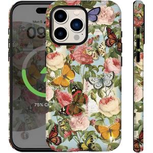 Compatible for iPhone 16 Pro Case Vintage Butterfly Rose Cute Aethetic Design for Women Girls [Compatible with Magsafe] Shockproof Anti-scratch Phone Case for iPhone 16 Pro, Retro Butterflies