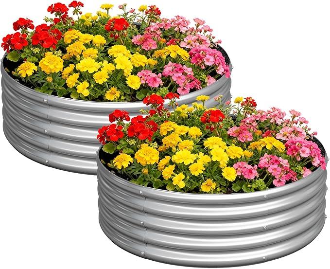 2 Pack Galvanized Raised Garden Bed Metal Round Raised Garden Beds Outdoor Planter Box for Vegetables (4FT, Silver)