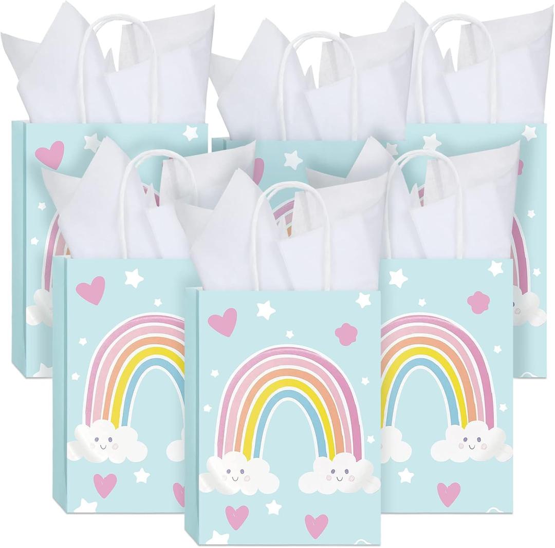 Sinmoe 24 Pcs Rainbow Gift Bags with 24 Pcs White Tissues Paper Rainbow Party Favor Small Bags with Handles for Kids Birthday Baby Shower Weddings Graduation 8.27 x 5.91 x 3.15 Inch