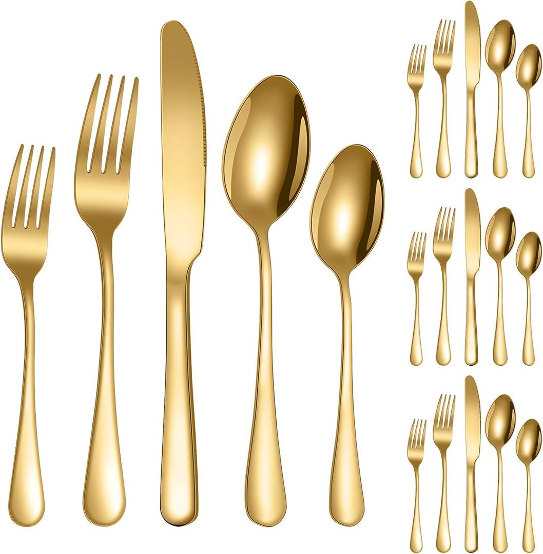 Knifes Forks Spoons Gold Silverware Set for 420-Piece Stainless Steel Flatware SetPolished Tableware Eating Utensils Set for Kitchen,Not Easy to Scratch The Mouth and Dishwasher safe. (Gold)