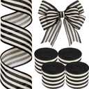 Moukeren 4 Rolls 10 Yard Black and Cream White Wired Stripes Ribbon Rustic Ivory Boho Black and White Wired Edge Ribbon for Wreath Gift DIY Crafts Wedding Party Decoration(2 Inch)