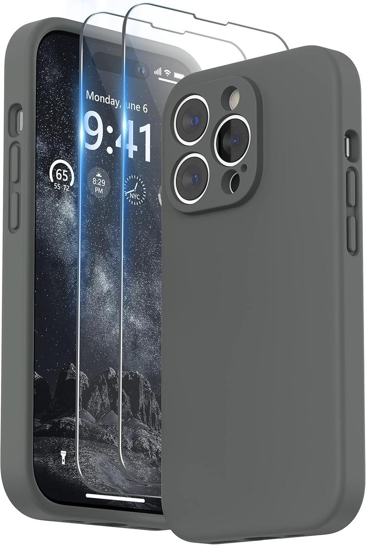 SURPHY Designed for iPhone 14 Pro Max Case with Screen Protector, (with Camera Protection & Soft Microfiber Lining) Liquid Silicone Phone Case, Space Gray