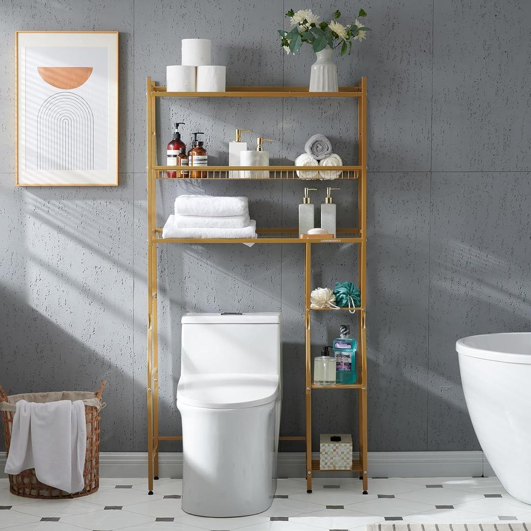 Lauren&Harold Over Toilet Bathroom Organizer 33",6-Tier Over The Toilet Storage Cabinet,Over The Toilet Storage Shelf for Restroom,Laundry (Champagne Gold)