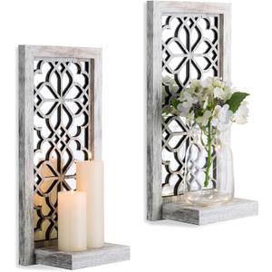 Wood Small Wall Shelves for Candle - Decorative Farmhouse Floating Shelf Candle Sconces for Wall Decor - Rustic Carved Floating Shelf Wooden Shelving for Bathroom Bedroom (Window Grille, Distressed Gray-white)