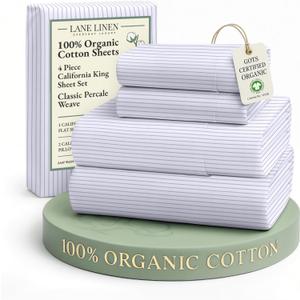 LANE LINEN 100% Organic Cotton Printed California King Sheets Set, 4-Piece All Season Fully Elasticized Deep Pocket Fits Mattress Upto 15", Mercerized Printed Cal King Sheet Set -Ticking Stripe Blue