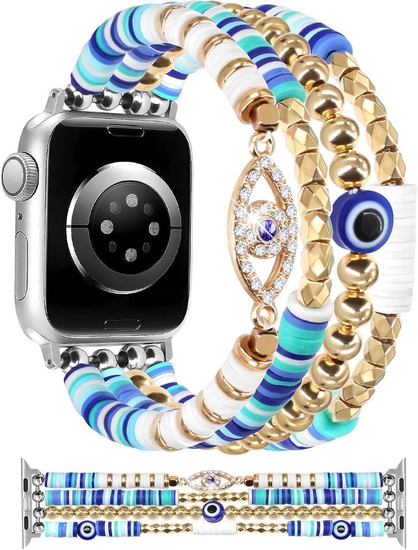 JR.DM Beaded Bracelet Compatible with Apple Watch 38mm 40mm 41mm 42mm Women Kids Girls Stretchy Gillter Evil Eyes Jewelry Handmade Watch Strap for iWatch Series 10/9/8/7/SE/6/5/4/3/2/1 (Blue, M)