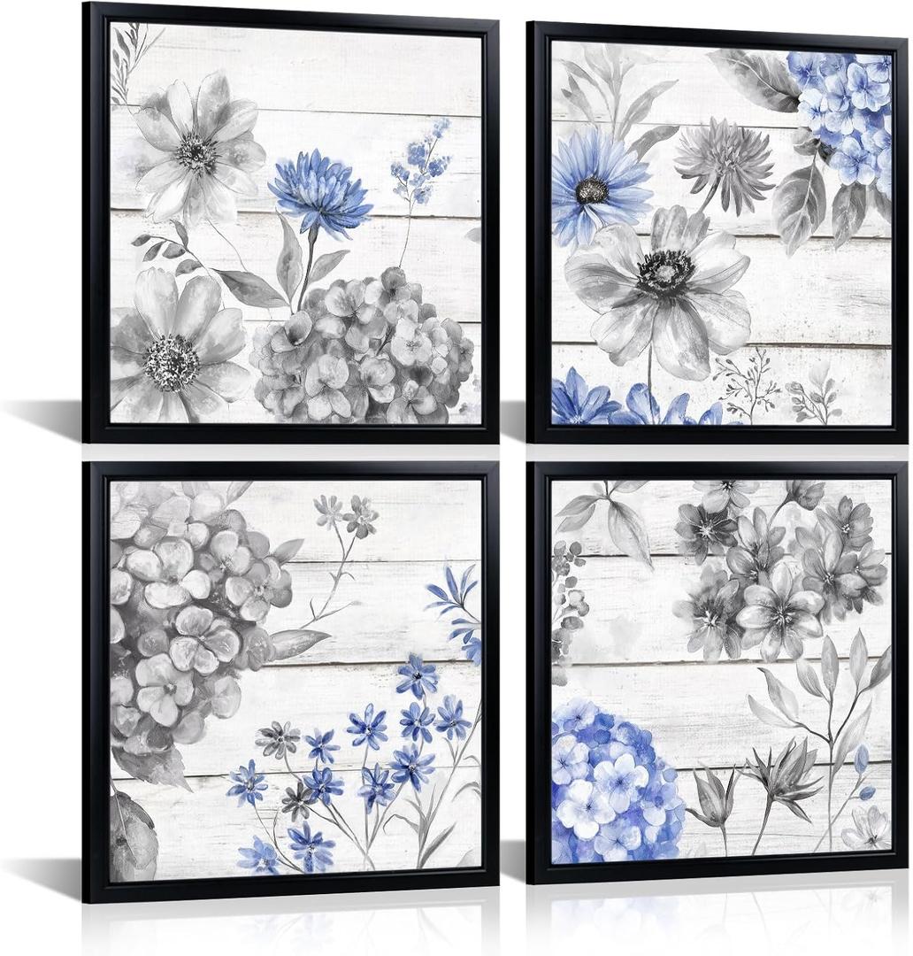 HOMEOART Floral Wall Art Flower Painting Bathroom Wall Art Bedroom Wall Decor, Set of 4, Black Frame 12x12inchx4Pieces (Blue)