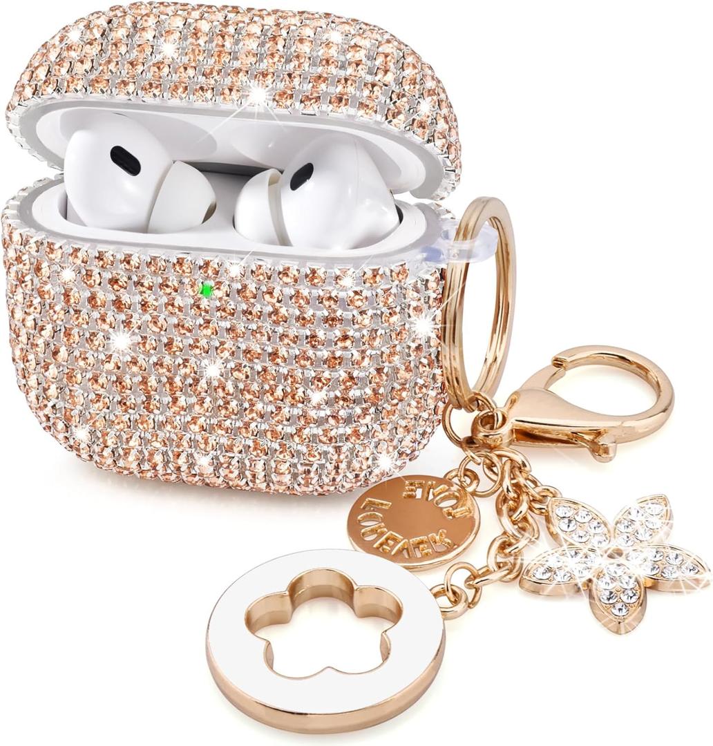 Case for Apple Airpods Pro 3 Case Cover 2025, VISOOM Bling Jewerly Airpods iPods Pro3 Cases Cute Glitter Diamond Airpod iPod Pro3 Cases Rhinestone AirPods iPods Pro 3rd Gen Cas with Keychain for Women (Champagne Gold)